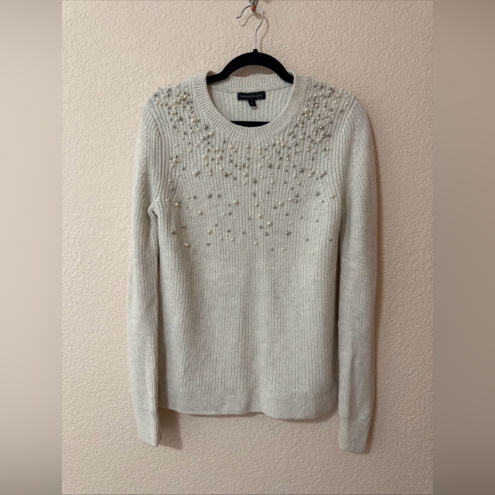 Banana Republic Beaded Merino Wool Alpaca Sweater Marled Ivory‎ Crew Neck Sz M
